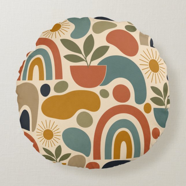 Boho Rainbow & Botanical Seamless Pattern Round Pillow (Front)