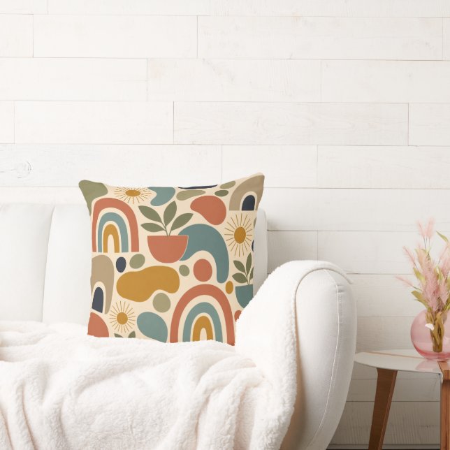 Boho Rainbow & Botanical Seamless Pattern Throw Pillow (Couch)