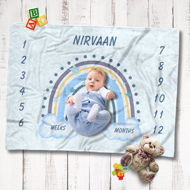 Boho Rainbow Boy Monthly Milestone Baby Blanket (Whimsical Personalized Baby Milestones Baby Blanket for Baby Boy with Blue Watercolor Boho Rainbow.)