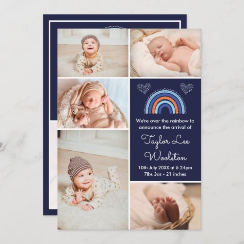 Boho Rainbow Boy Navy Blue Birth Announcement