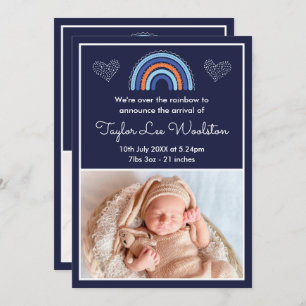 Boho Rainbow Boy Navy Blue Birth Announcement