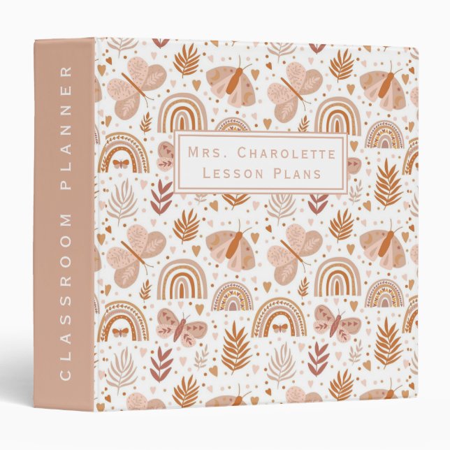 Boho Rainbow Butterflies Teacher Classroom Planner 3 Ring Binder (Front/Spine)