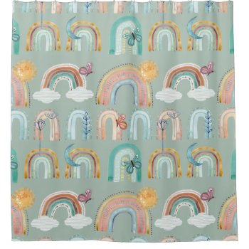 Boho Rainbow Butterfly Floral Mint Sage Terracotta Shower Curtain by LuxuryWeddings at Zazzle