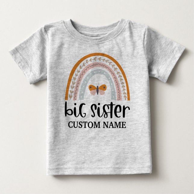 Boho Rainbow & Butterfly Personalized Big Sister Baby T-Shirt (Front)