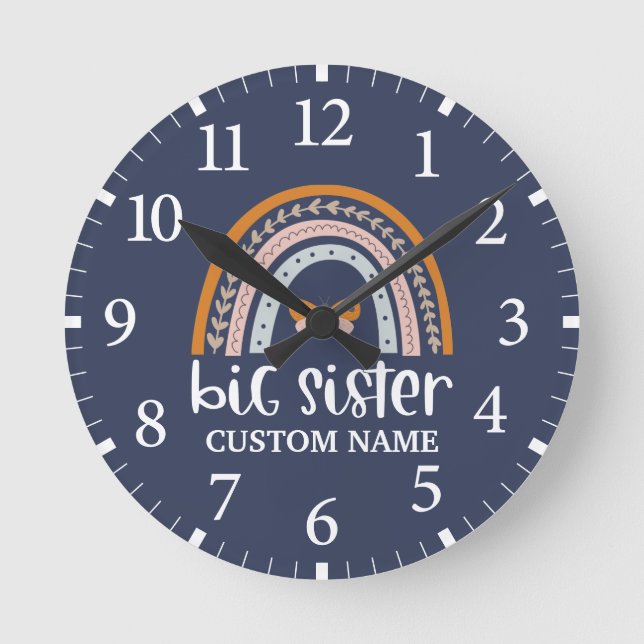 Boho Rainbow & Butterfly Personalized Big Sister Round Clock (Front)