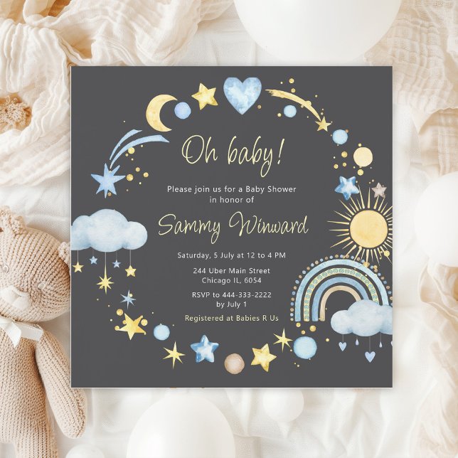 Boho Rainbow Clouds Blue Baby Shower Invitation (Creator Uploaded)