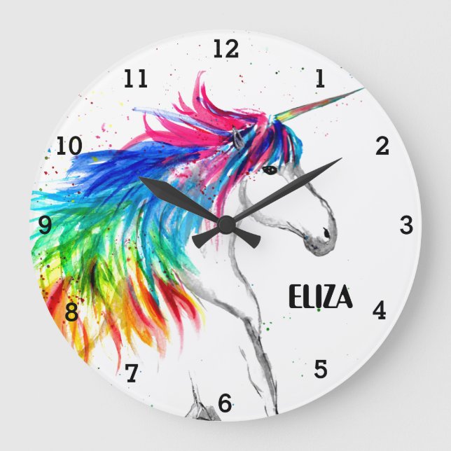 Boho Rainbow Cute Girls Unicorn Kids Large Clock (Front)