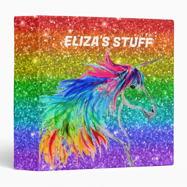 Boho Rainbow Cute Glitter Girls Unicorn Kids 3 Ring Binder (Front/Spine)