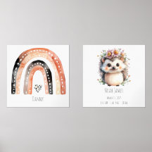 Boho Rainbow & Cute Hedgehog Nursery Wall Art