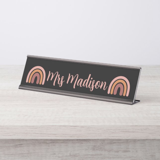 Boho Rainbow Cute Personalized Teacher  Desk Name Plate (Front)