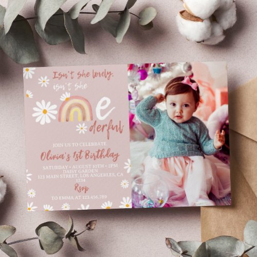 Boho Rainbow Daisy 1st Birthday Invitation