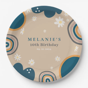Boho Rainbow Daisy Beige Birthday Paper Plates