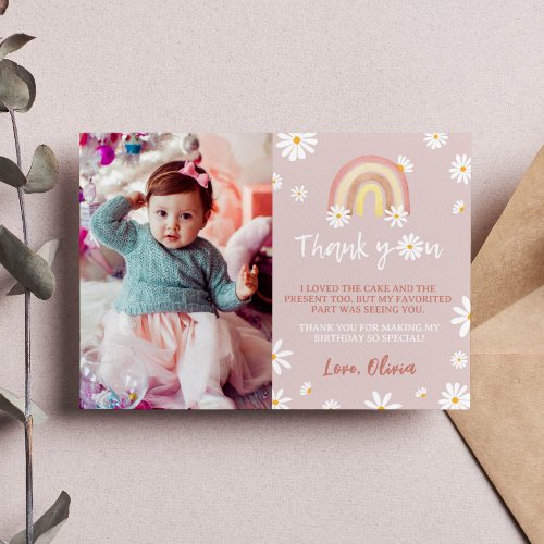 Boho Rainbow Daisy Birthday Photo Thank You Card