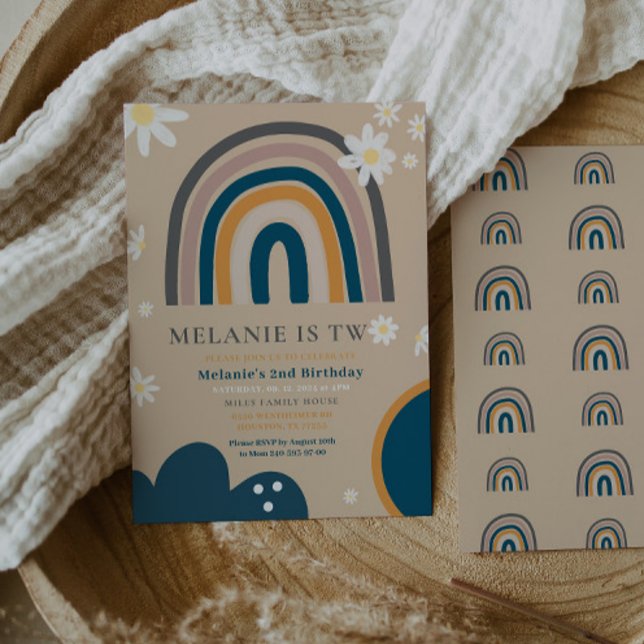 Boho Rainbow Daisy Second 2nd Birthday Invitation (Creator Uploaded)