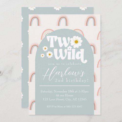 Boho Rainbow Daisy Two Wild 2nd Girls Birthday  Invitation