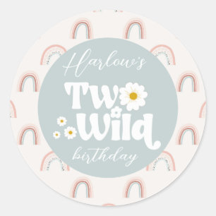 Boho Rainbow Daisy Two Wild Girl's 2nd Birthday Classic Round Sticker