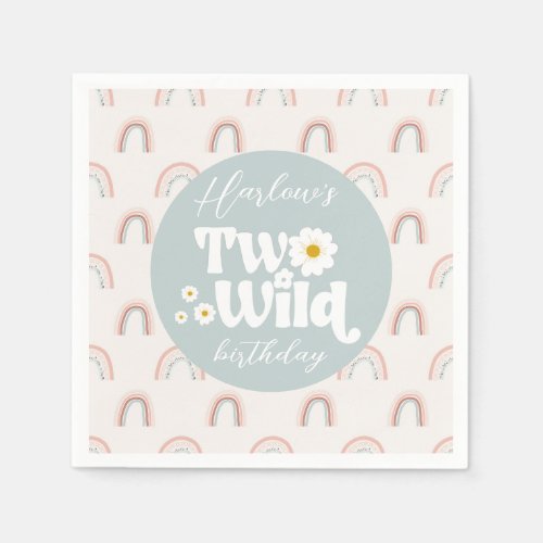 Boho Rainbow Daisy Two Wild Girls 2nd Birthday Napkins