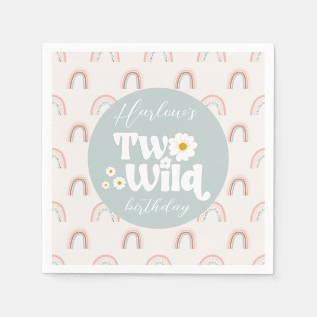 Boho Rainbow Daisy Two Wild Girl's 2nd Birthday Napkins (Front)