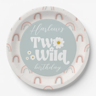 Boho Rainbow Daisy Two Wild Girl's 2nd Birthday Paper Plates