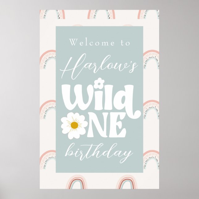 Boho Rainbow Daisy Wild One first Birthday Welcome Poster (Front)