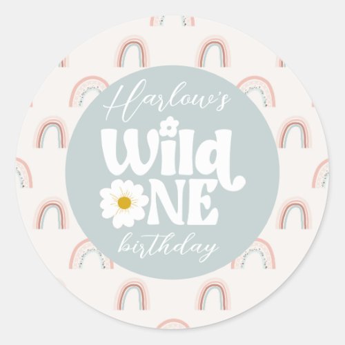 Boho Rainbow Daisy Wild One Girls first Birthday Classic Round Sticker