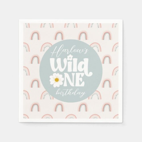 Boho Rainbow Daisy Wild One Girls first Birthday Napkins