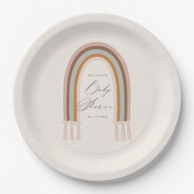 Boho Rainbow Earth Tone Baby Shower Paper Plates (Front)