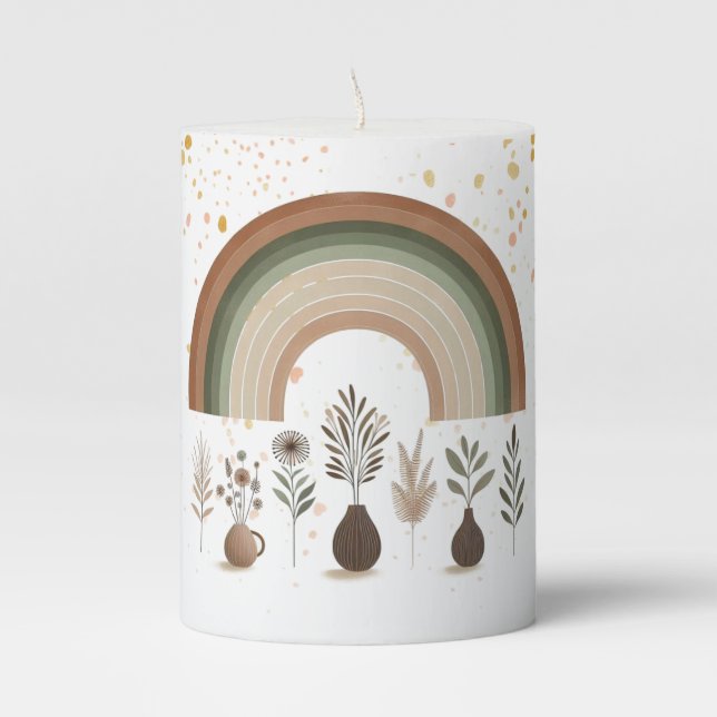 Boho Rainbow Earthy Botanical Pillar Candle (Front)