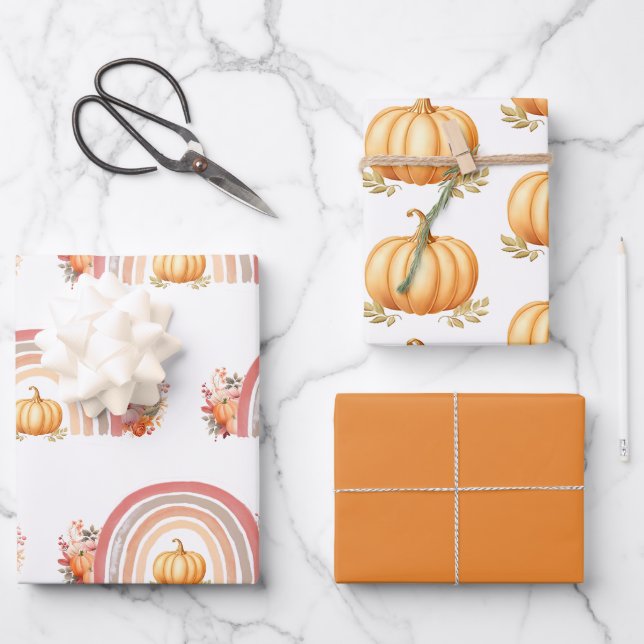 Boho Rainbow Fall Pumpkin Baby Shower Wrapping Paper Sheets (Front)
