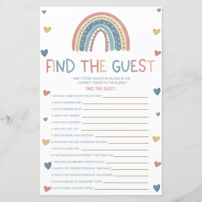 Boho Rainbow Find The Guest Baby Shower Game | Zazzle