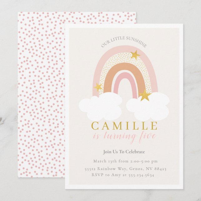 Boho Rainbow First Birthday Invitation Girl, Muted (Front/Back)