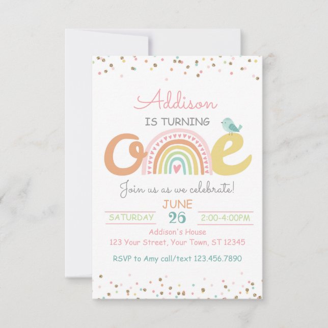 Boho Rainbow First Birthday Party Invitation ONE (Front)