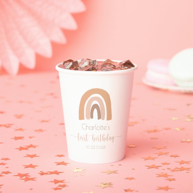 Boho Rainbow First Birthday Pink Pastel  Paper Cups (Insitu)