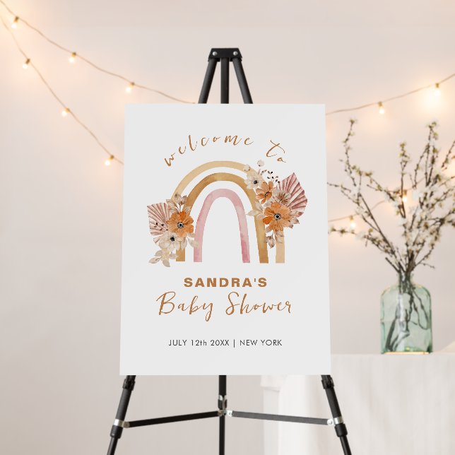Boho Rainbow Floral Baby Shower Welcome Sign  (In Situ (Stand))