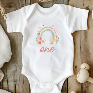 Boho Rainbow Floral Pastel "One" First Birthday Baby Bodysuit