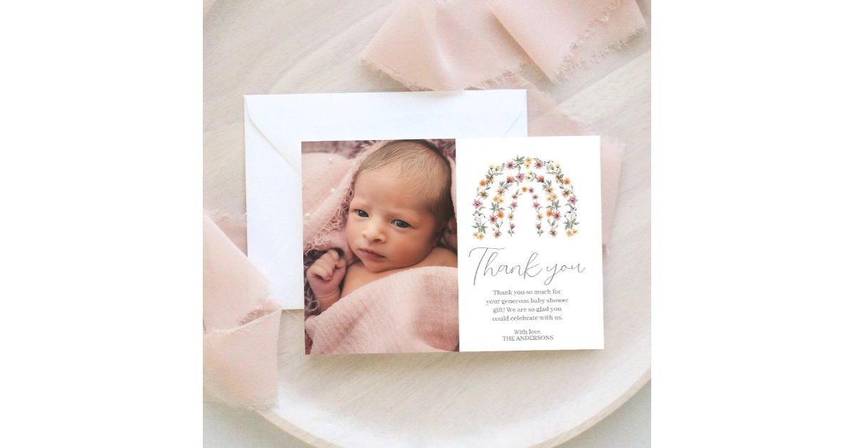 Boho Rainbow Floral Wildflower Girl Baby Shower Thank You Card | Zazzle