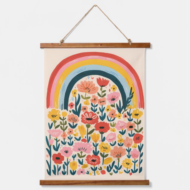 Boho Rainbow Flower Scandinavian Cute Illustration Hanging Tapestry (Front)