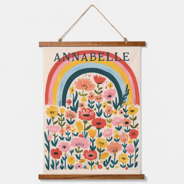 Boho Rainbow Flowers Illustration First Name Hanging Tapestry (Front)