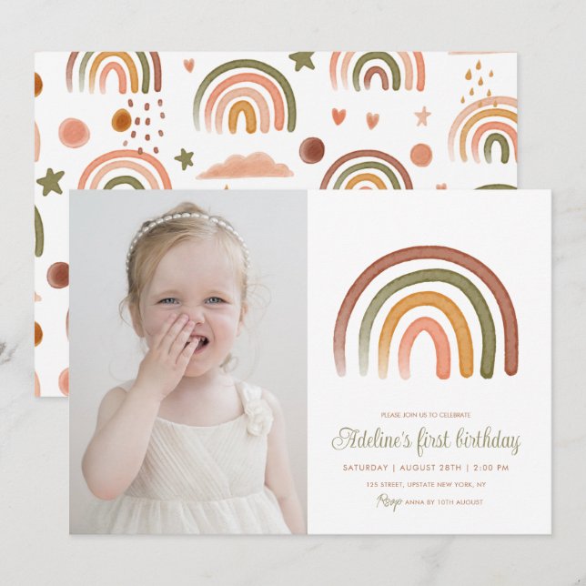 Boho Rainbow Gender Neutral Birthday Photo Invitation (Front/Back)