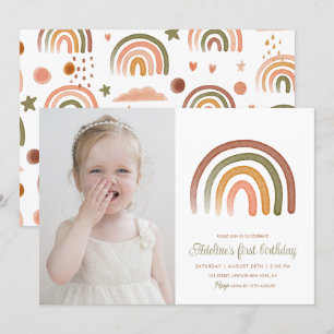 Boho Rainbow Gender Neutral Birthday Photo Invitation
