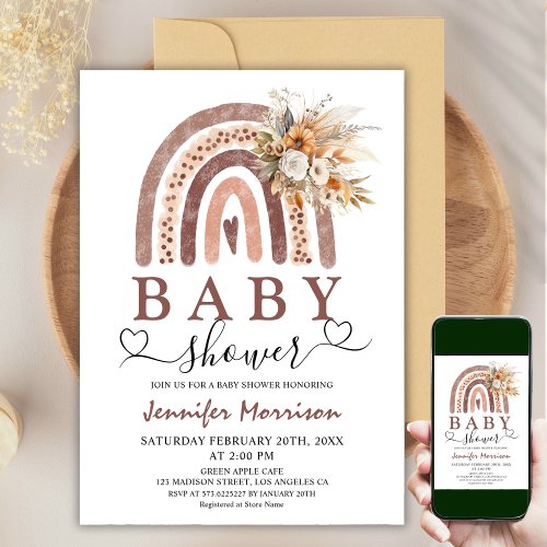 Boho Rainbow  Gender Neutral Brown Baby Shower Invitation