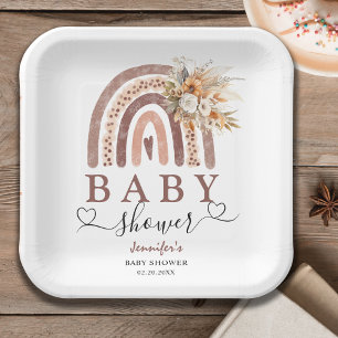 Boho Rainbow Gender Neutral Brown Baby Shower Paper Plates