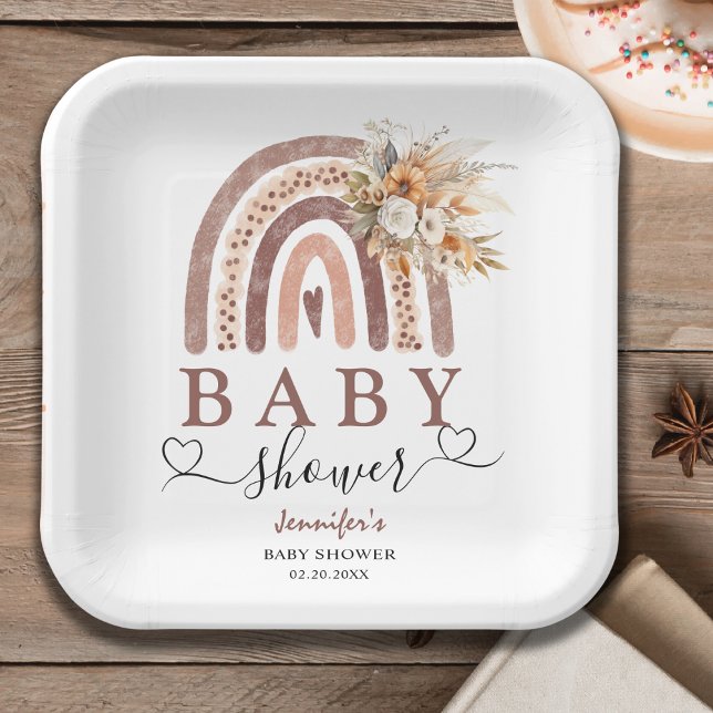 Boho Rainbow | Gender Neutral Brown Baby Shower Paper Plates (Creator Uploaded)
