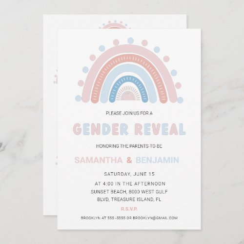 Boho Rainbow Gender Reveal Invitation Blue  Pink Invitation