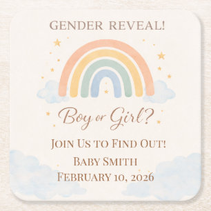 Boho Rainbow Gender Reveal Neutral Square Paper Coaster