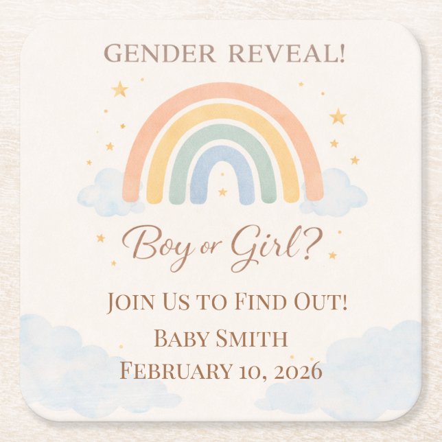 Boho Rainbow Gender Reveal Neutral  Square Paper Coaster (Front)