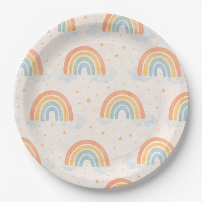 Boho Rainbow Gender Reveal Paper Plates Neutral (Front)