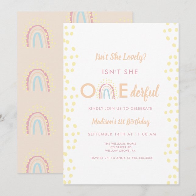 Boho Rainbow Girl Lovely Onederful Birthday Invitation (Front/Back)