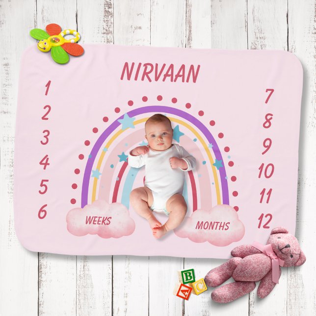 Boho Rainbow Girl Monthly Milestone Baby Blanket (Whimsical Personalized Baby Milestones Baby Blanket for Baby Girl with Pink Watercolor Boho Rainbow.)