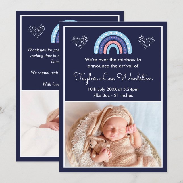 Boho Rainbow Girl Navy Blue Birth Announcement (Front/Back)